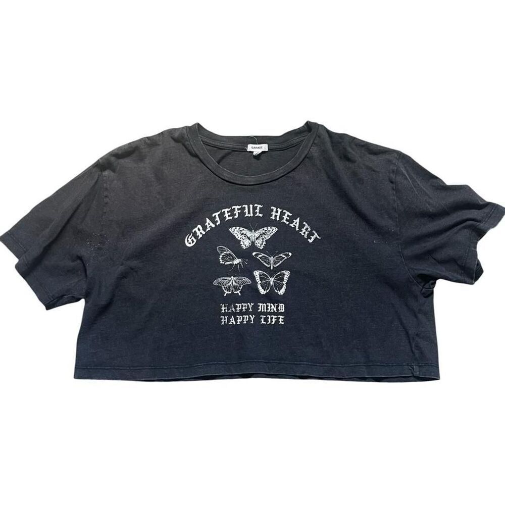 Garage Black Grateful Heart Butterfly Cropped Graphic T-Shirt Size Medium